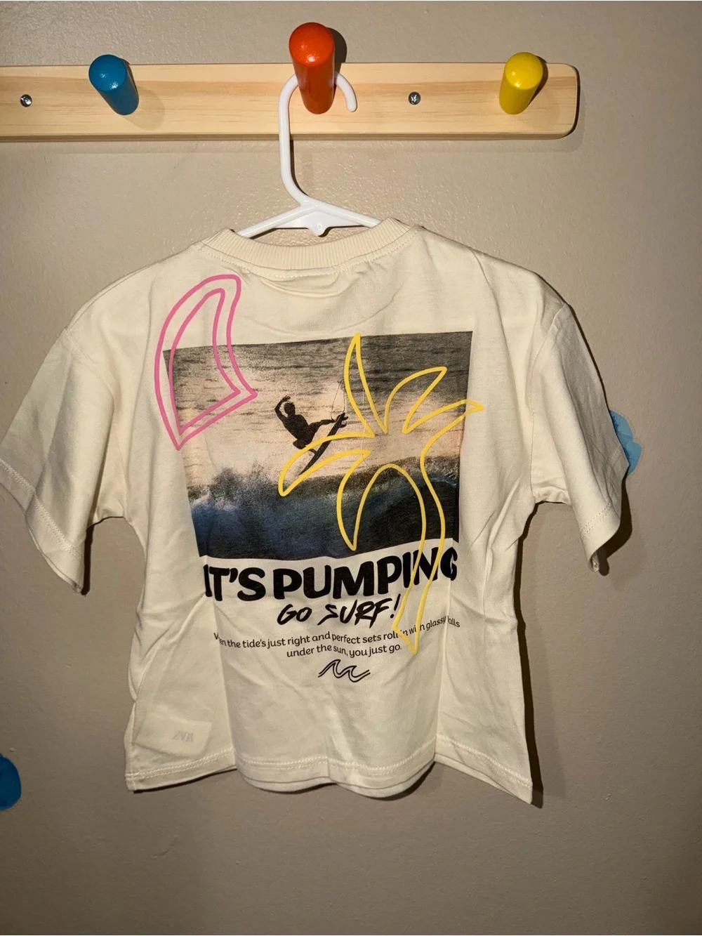 Zara Cream Short Sleeve Tee with Pink & Yellow Surf Graphics